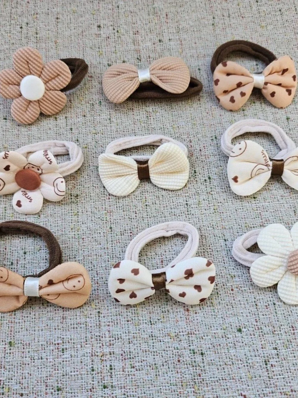 Girl Hair Ties Brown/Tan/Beige Tone Hair Accessories Flower Bow Style set of 9